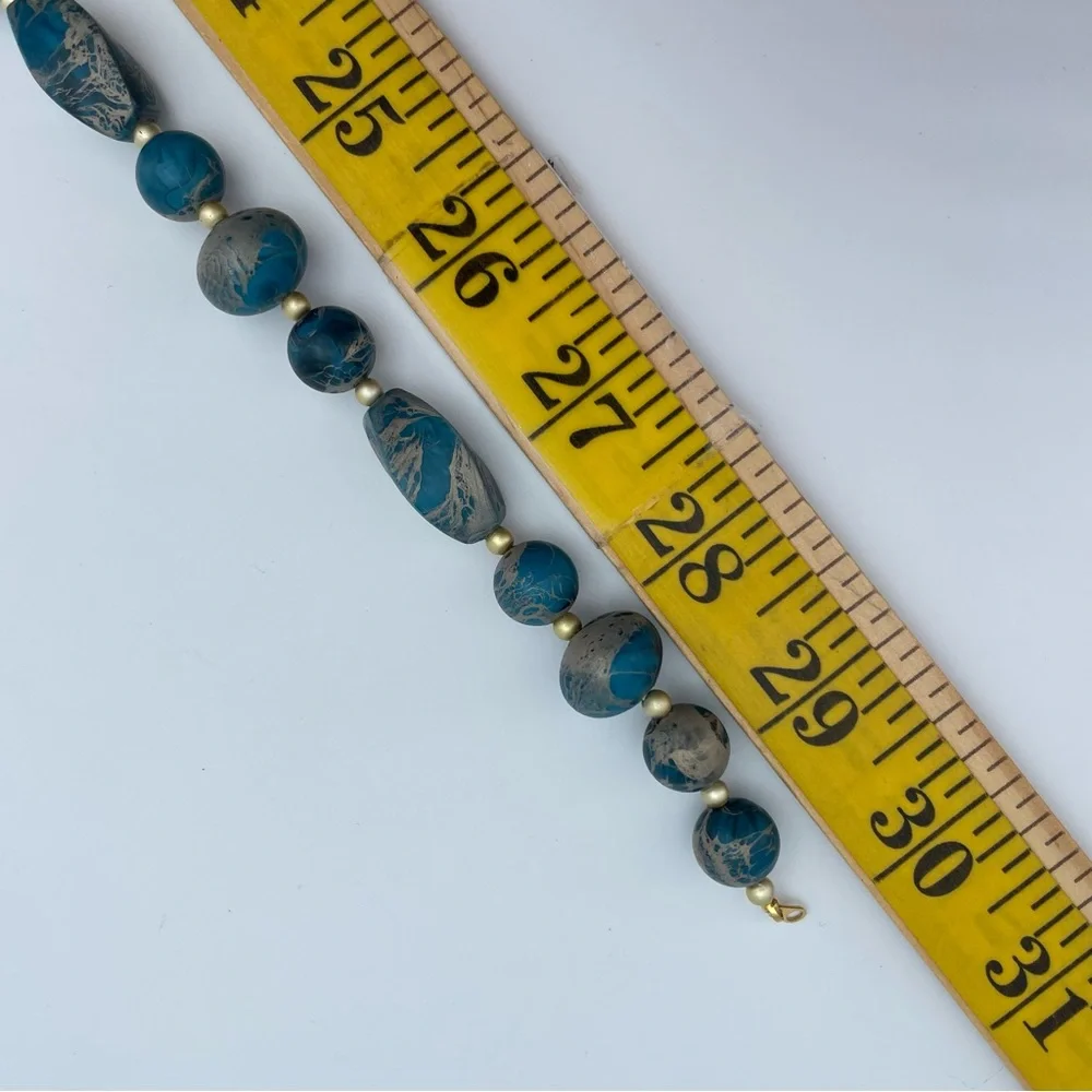 Gorgeous Blue Marbled Lucite Bead Necklace 30” Long Gold Tone Spacer Beads